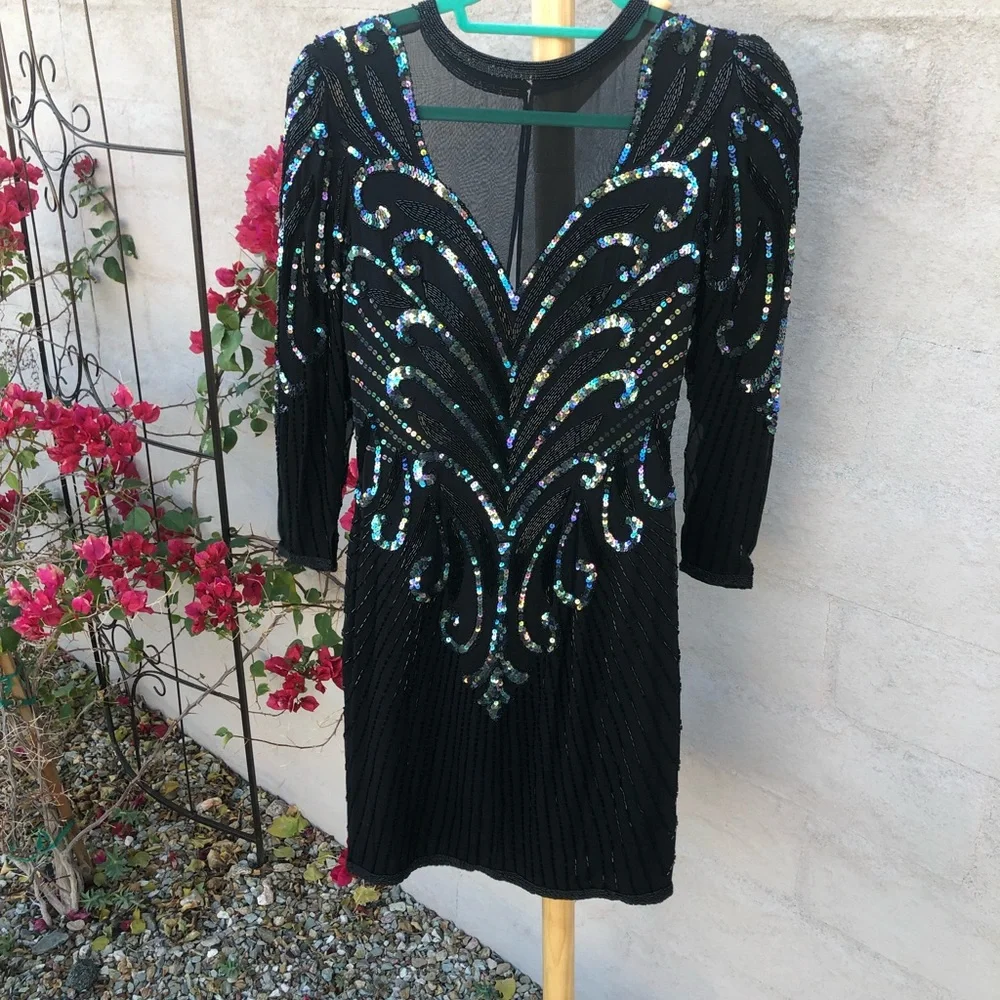 Vintage  mesh sequin beaded silk mini dress with long sleeve holiday sparkle - Picture 16 of 16